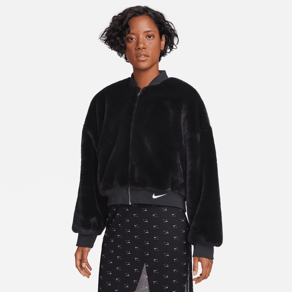 Women's Nike Sportswear Reversible Faux Fur Bomber (Black/Coconut Milk) - Women's Apparel