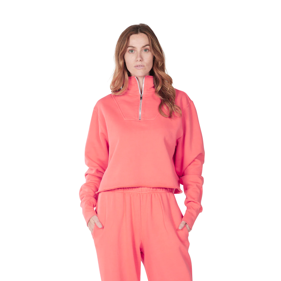 Les Tien Women's Crop Half Zip Pullover (Electric Pink) - Women's Sweatshirts/Hoodies