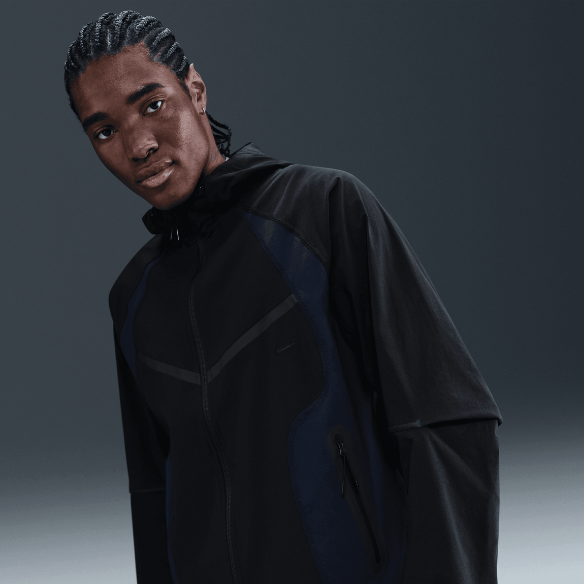 Nike Tech Dri-FIT Woven Color-Block Windrunner Loose Jacket (Black/Obsidian/Black) - Nike Tech Dri-FIT Woven Color-Block Windrunner Loose Jacket (Black/Obsidian/Black) - 