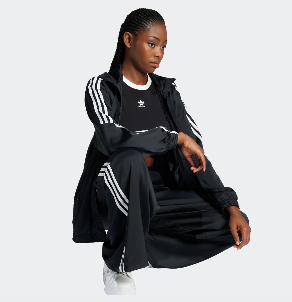 Women s Adidas Adicolor Satin Wide Leg Track Pants Black White Centre