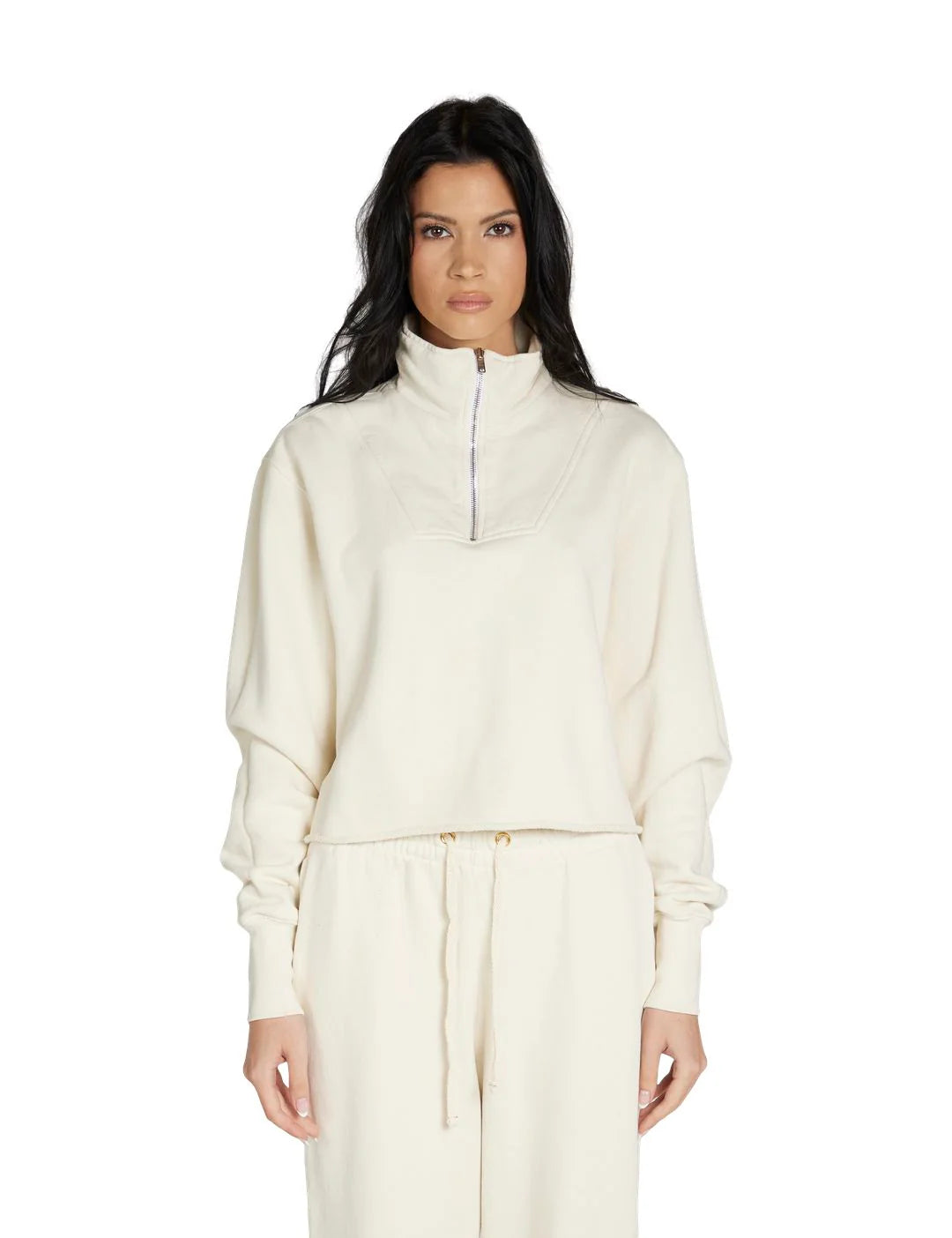Les Tien Women's Crop Half Zip Pullover (Ivory) - Les Tien Women's Crop Half Zip Pullover (Ivory) - 