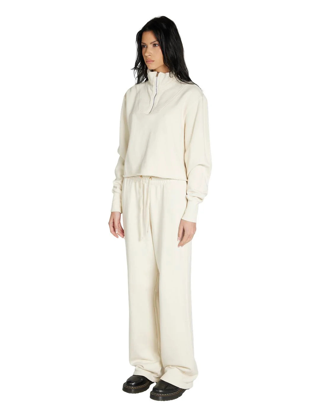 Les Tien Women's Crop Half Zip Pullover (Ivory) - Les Tien Women's Crop Half Zip Pullover (Ivory) - 