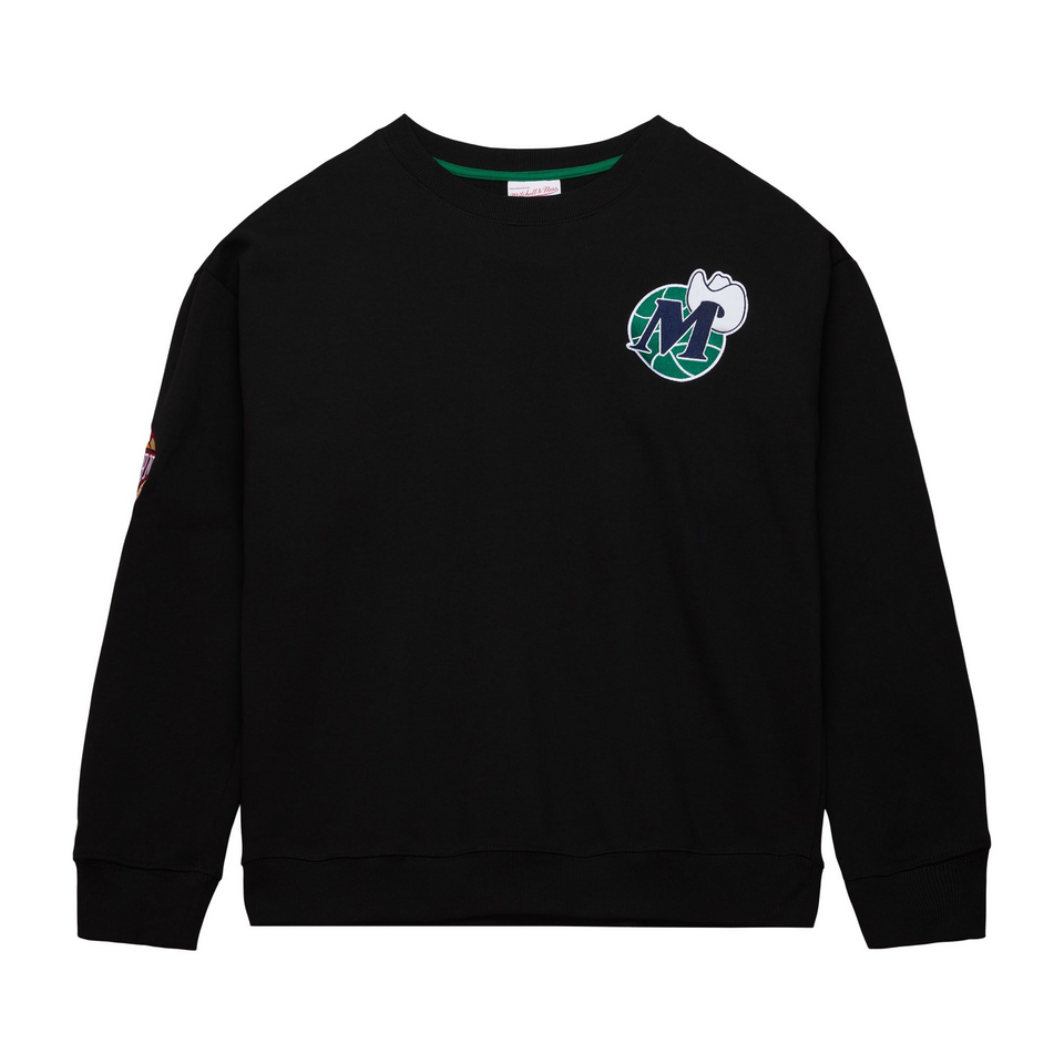 Mitchell & Ness Dallas Mavericks NBA Team First Satin Fleece Crewneck Sweatshirt ( Black ) - Mitchell & Ness