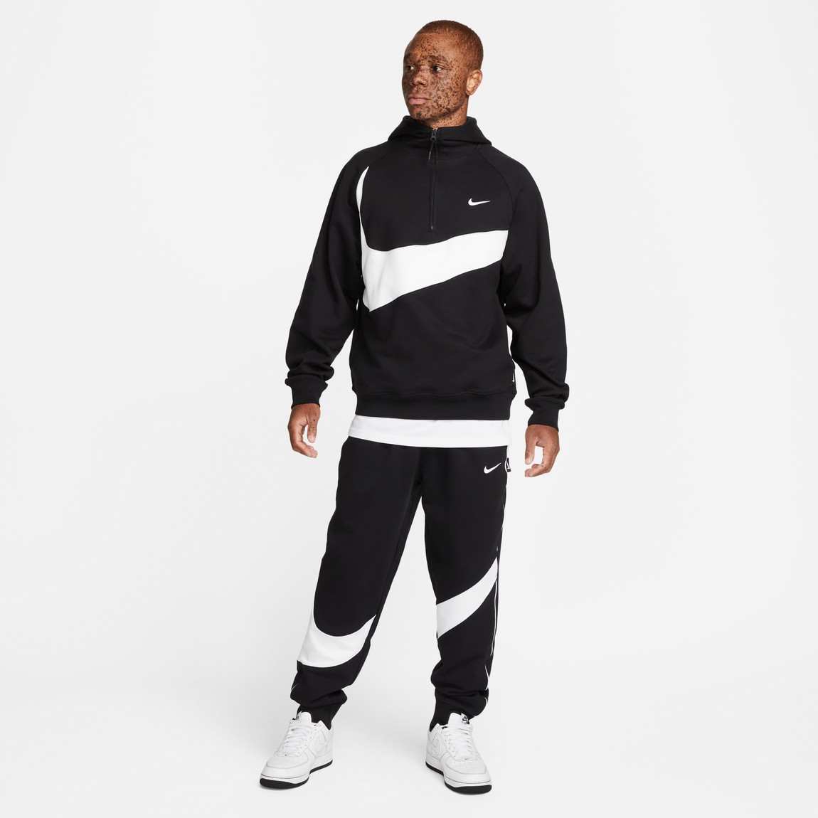 Nike Swoosh Half Zip Fleece Hoodie (Black/White) - Nike Swoosh Half Zip Fleece Hoodie (Black/White) - 