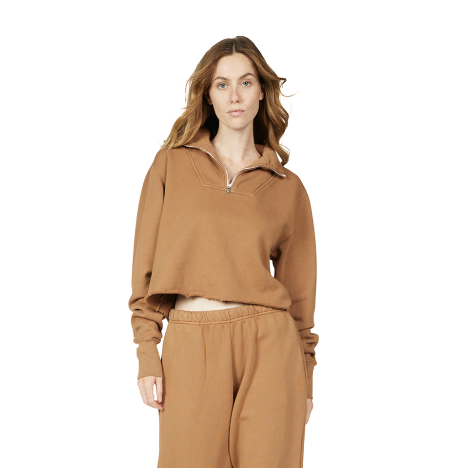 Les Tien Women's Crop Half Zip Pullover (Chestnut) - Women's Sweatshirts/Hoodies