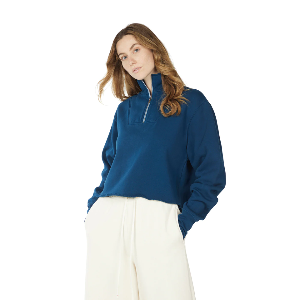 Les Tien Women's Crop Half Zip Pullover (Teal) - Women's Sweatshirts/Hoodies
